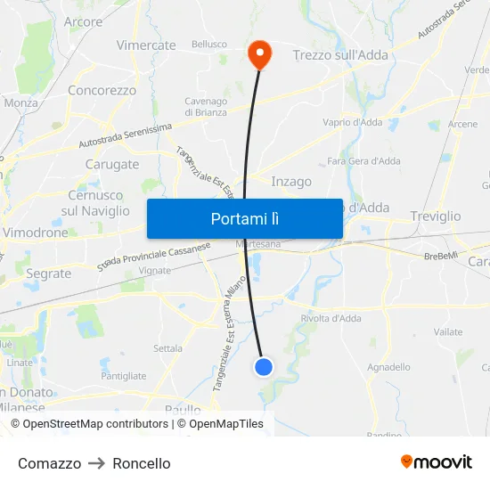 Comazzo to Roncello map