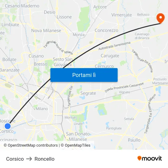 Corsico to Roncello map