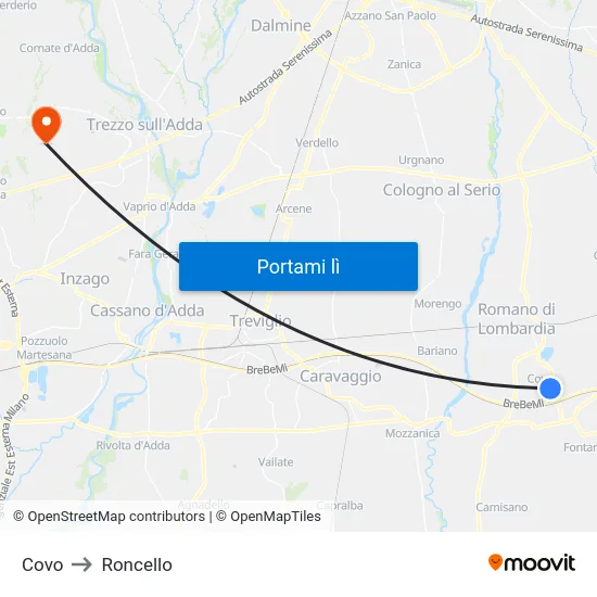 Covo to Roncello map