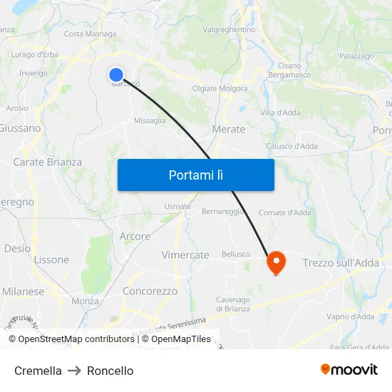 Cremella to Roncello map