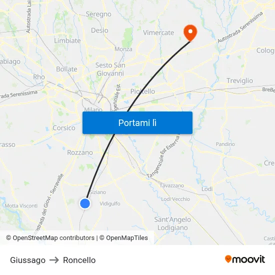 Giussago to Roncello map