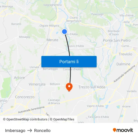 Imbersago to Roncello map