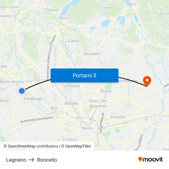 Legnano to Roncello map