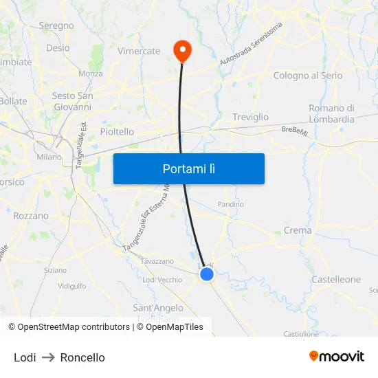 Lodi to Roncello map