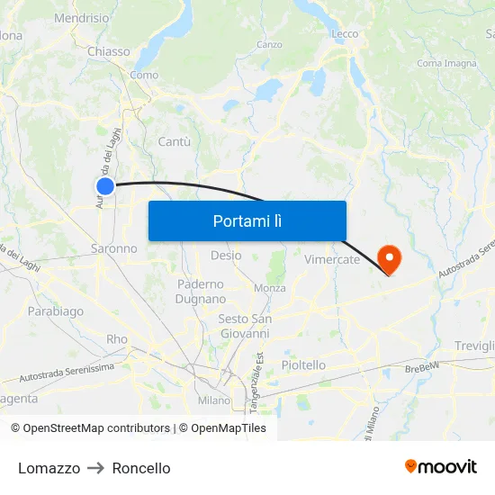 Lomazzo to Roncello map