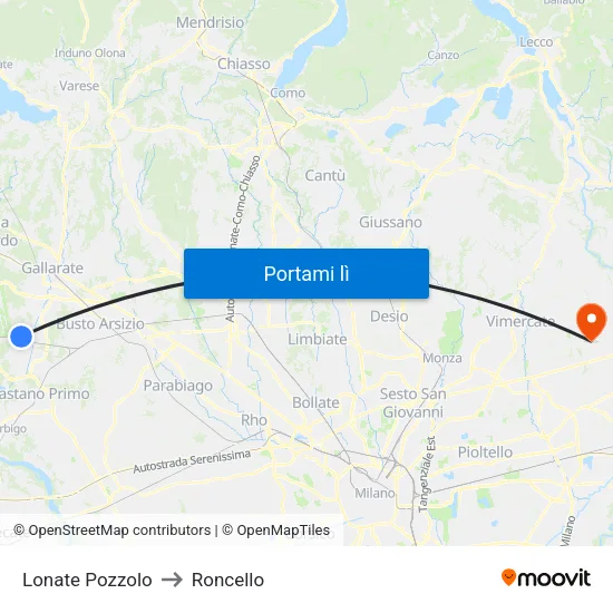 Lonate Pozzolo to Roncello map