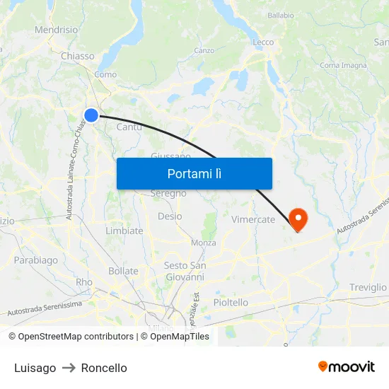 Luisago to Roncello map