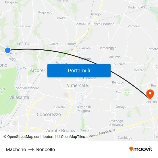 Macherio to Roncello map