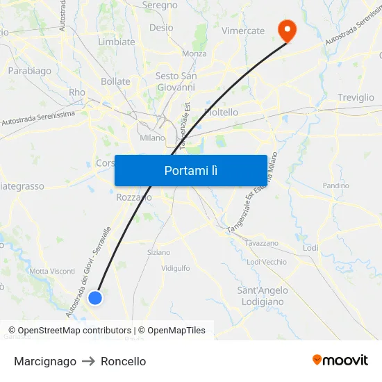 Marcignago to Roncello map
