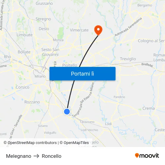 Melegnano to Roncello map