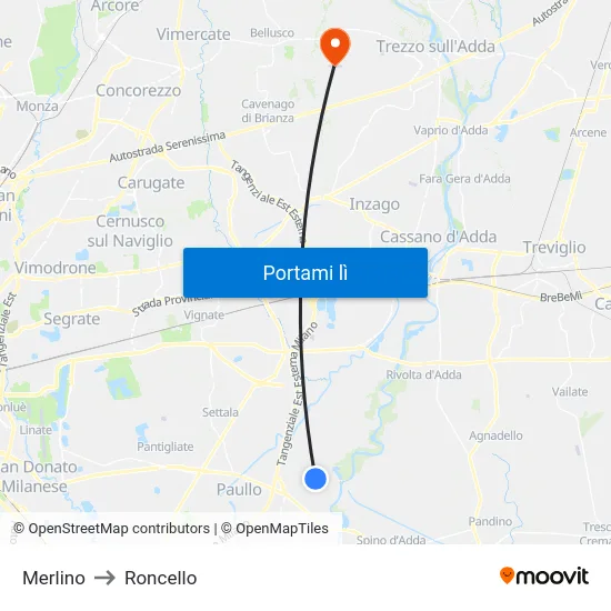 Merlino to Roncello map