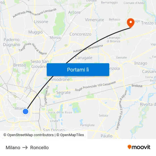 Milano to Roncello map