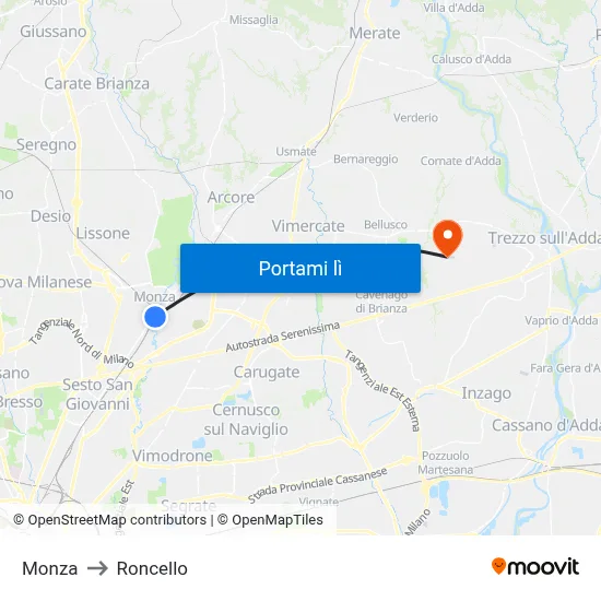 Monza to Roncello map