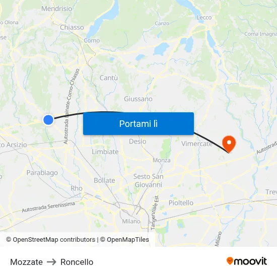 Mozzate to Roncello map