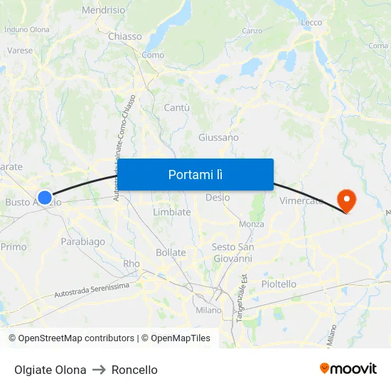 Olgiate Olona to Roncello map