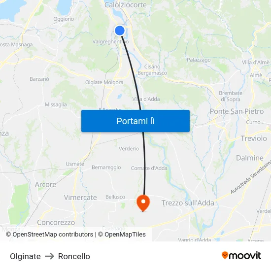 Olginate to Roncello map