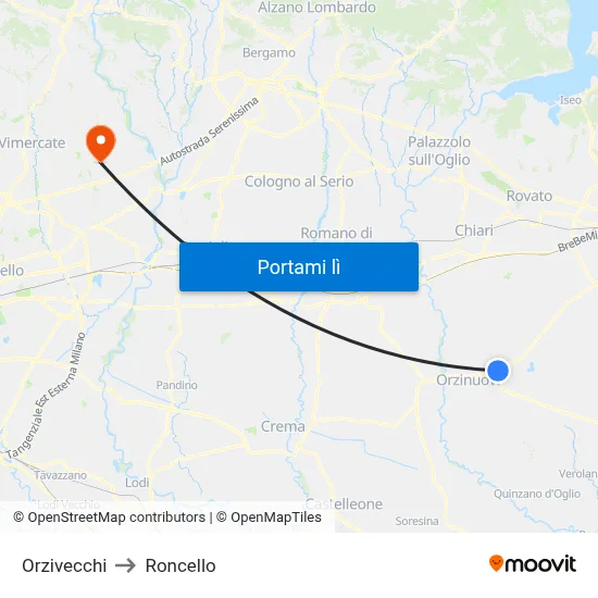 Orzivecchi to Roncello map