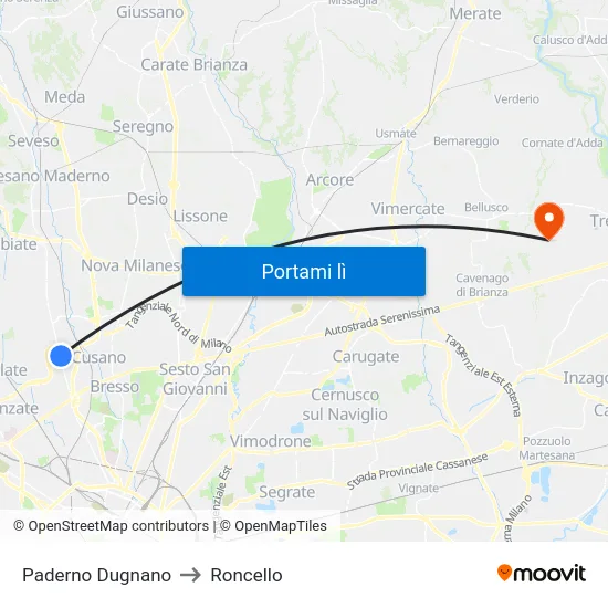 Paderno Dugnano to Roncello map