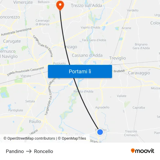 Pandino to Roncello map