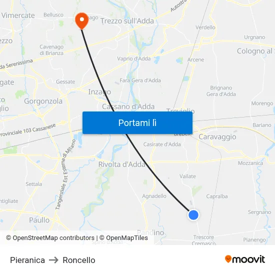 Pieranica to Roncello map