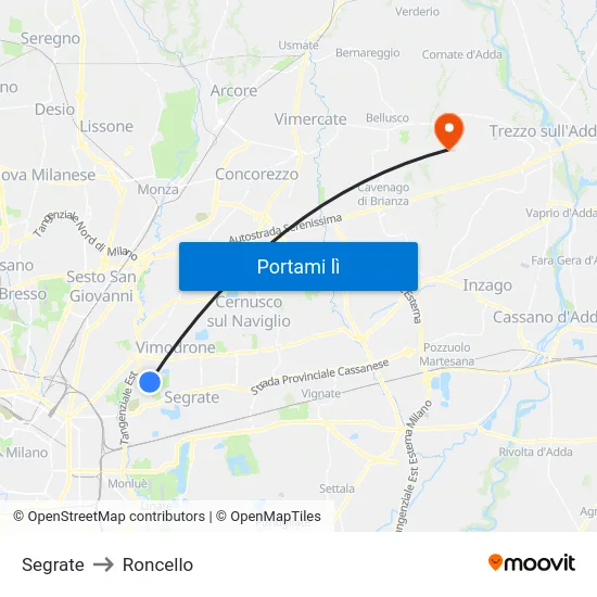 Segrate to Roncello map