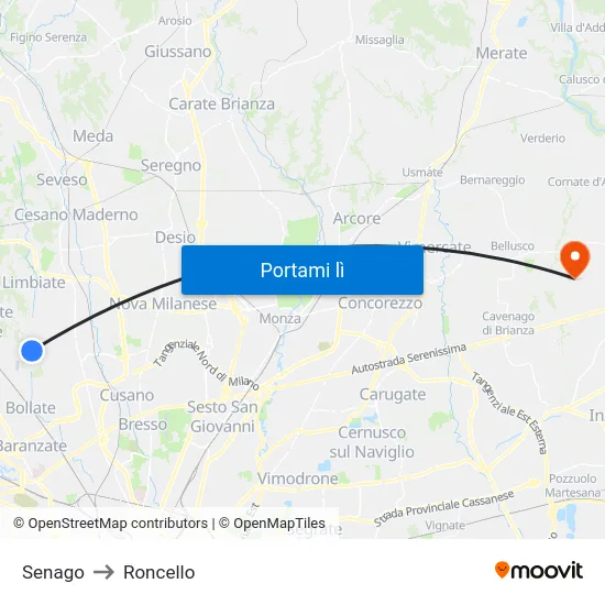 Senago to Roncello map