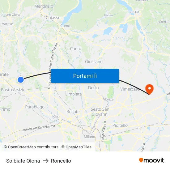 Solbiate Olona to Roncello map