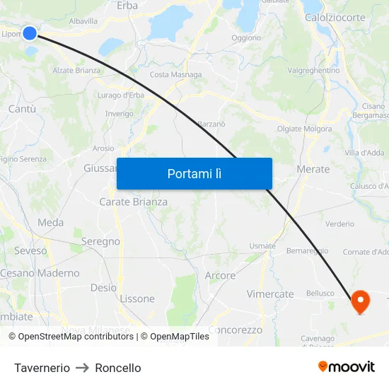 Tavernerio to Roncello map