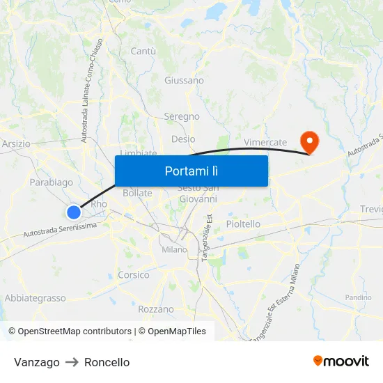 Vanzago to Roncello map