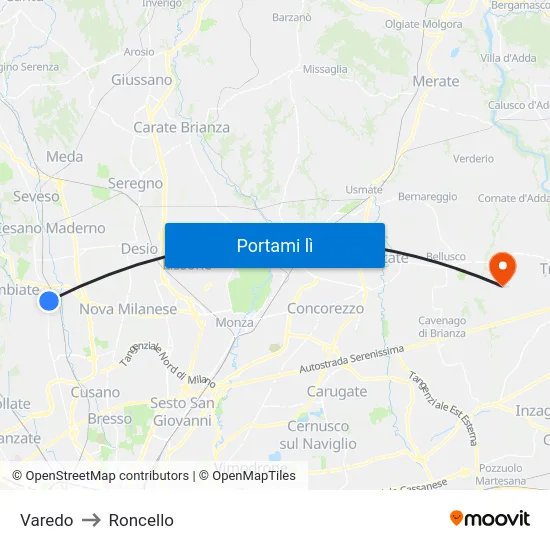Varedo to Roncello map