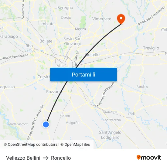 Vellezzo Bellini to Roncello map