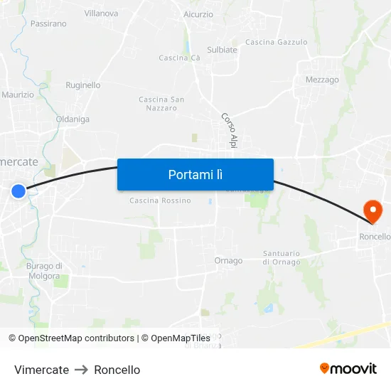 Vimercate to Roncello map