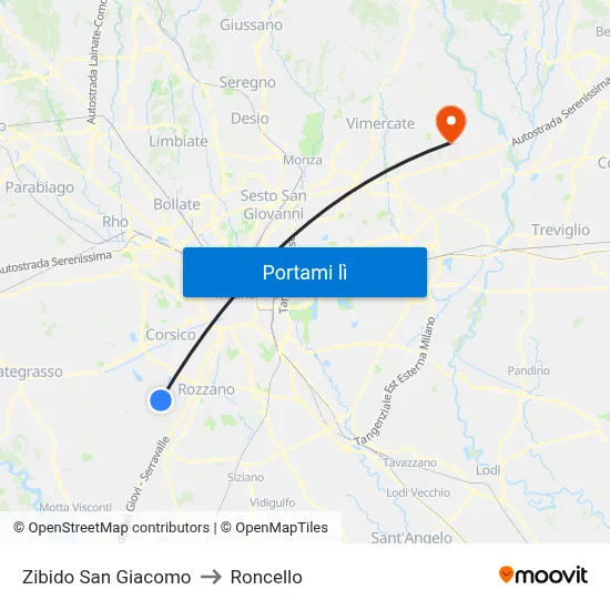 Zibido San Giacomo to Roncello map