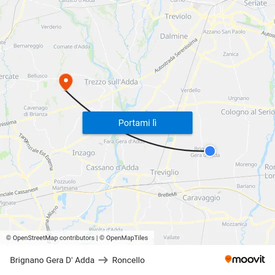 Brignano Gera D' Adda to Roncello map