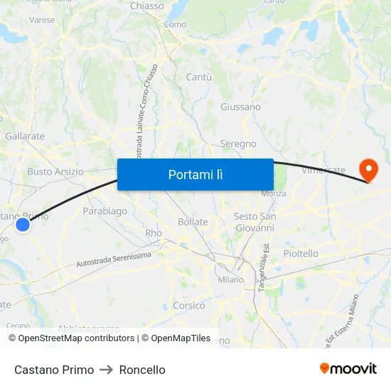 Castano Primo to Roncello map