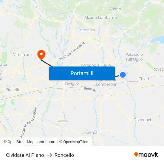 Cividate Al Piano to Roncello map