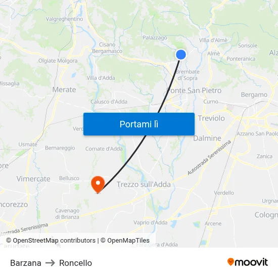 Barzana to Roncello map