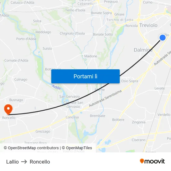 Lallio to Roncello map