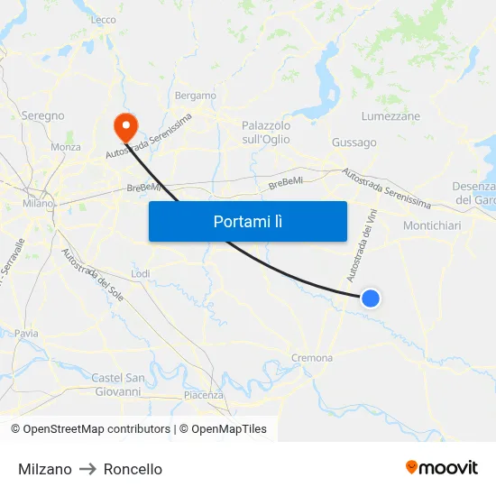 Milzano to Roncello map