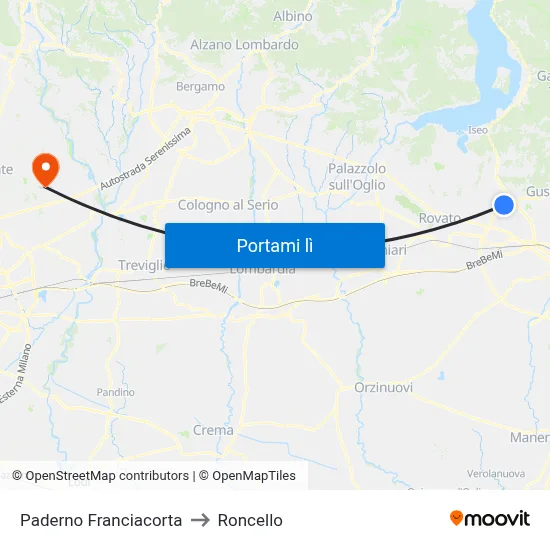 Paderno Franciacorta to Roncello map
