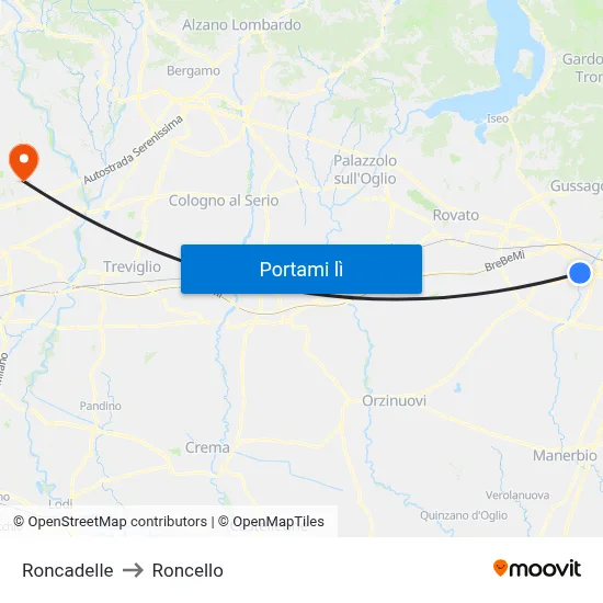 Roncadelle to Roncello map