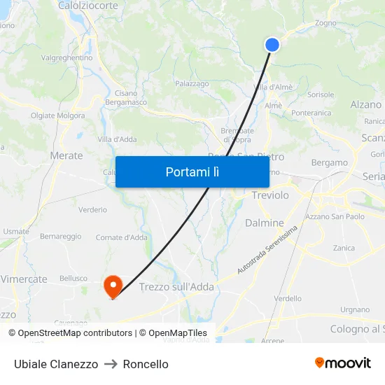 Ubiale Clanezzo to Roncello map