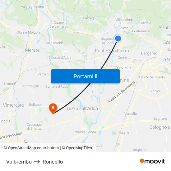 Valbrembo to Roncello map