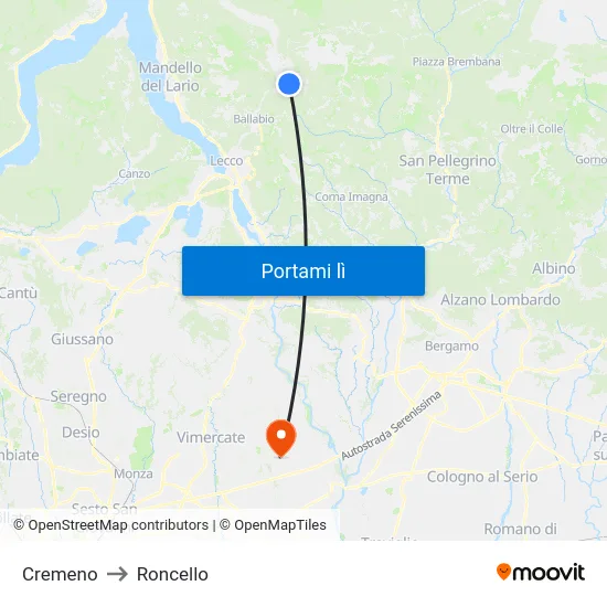 Cremeno to Roncello map