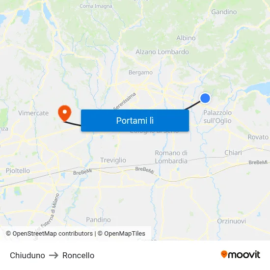 Chiuduno to Roncello map