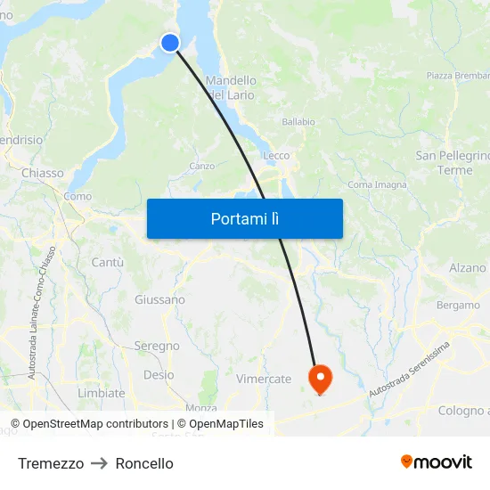 Tremezzo to Roncello map