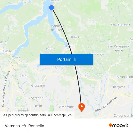 Varenna to Roncello map