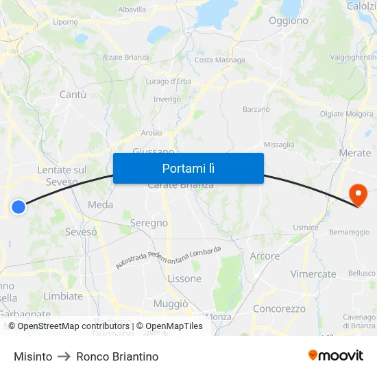 Misinto to Ronco Briantino map
