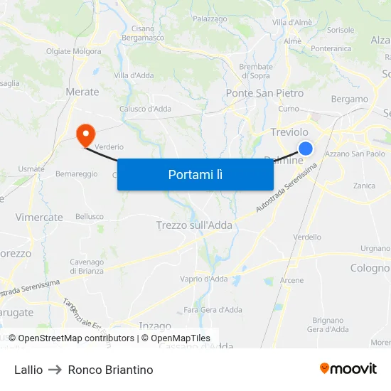 Lallio to Ronco Briantino map