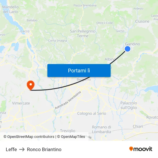 Leffe to Ronco Briantino map